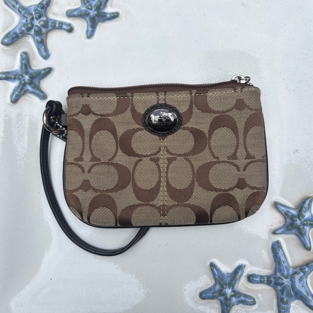 Coach Brown Signature Wristlet with Black Strap